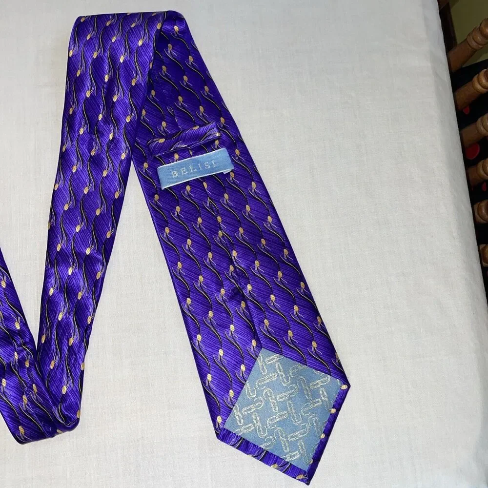 Belisi Men’s Dress Tie Size 57” Purple Wave Pattern Silk Business Formal Party